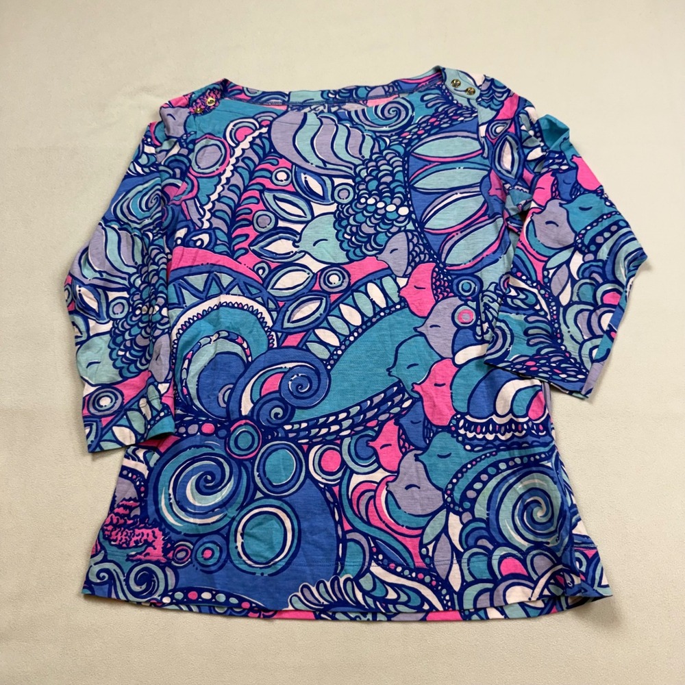 Lilly Pulitzer Alida Boatneck Top Womens Small‎ Sea Jewel Coastal Pima Cotton
